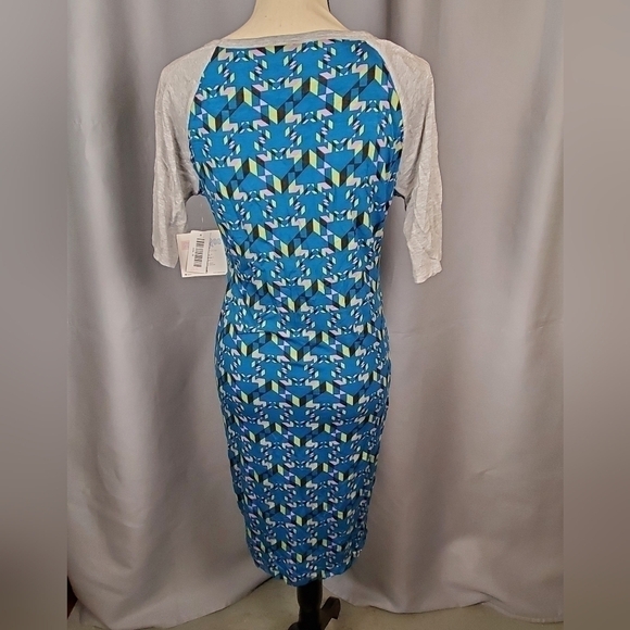 NWT Lularoe Julia, blue w/multicolored geometric pattern/gray sleeves, size M - Picture 2 of 5